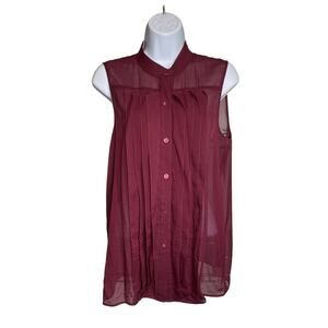 Theory Women's Burgundy Sheer‎ Silk Sleeveless Blouse Size M Old Money Euro Chic